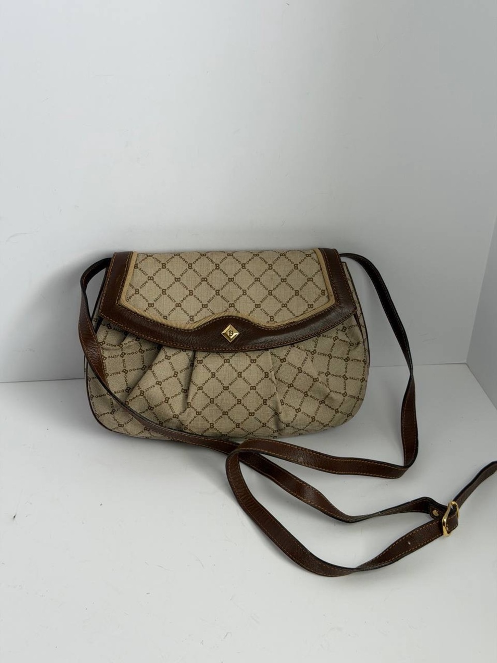 Bally Vintage Monogram Canvas Brown Leather Trim Crossbody Bag